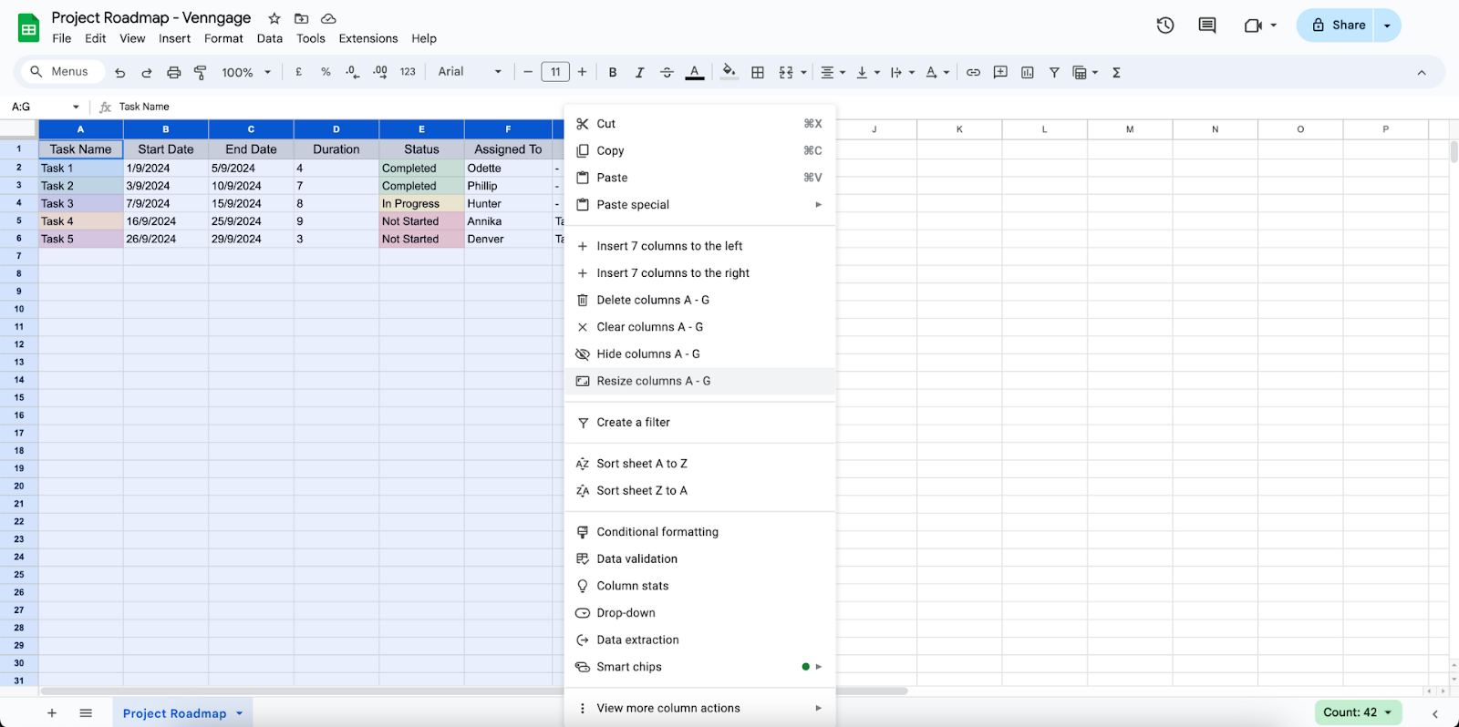 Resizing columns on Google Sheets