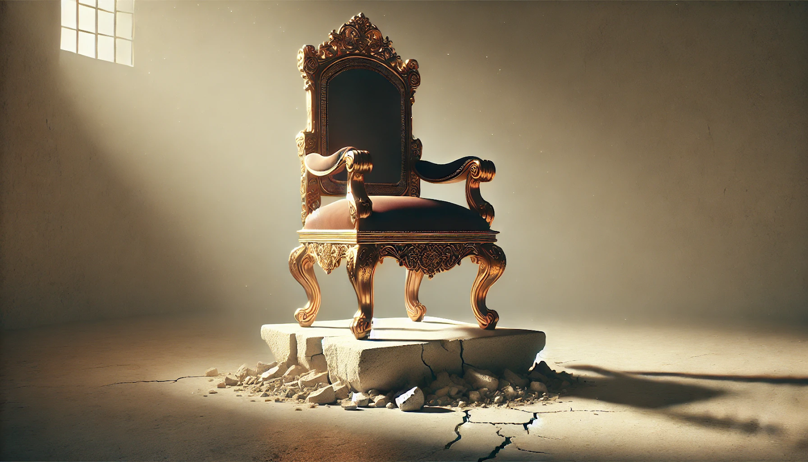 A grand golden throne on a small cracked pedestal, representing arrogance and imbalance in a striking visual contrast.