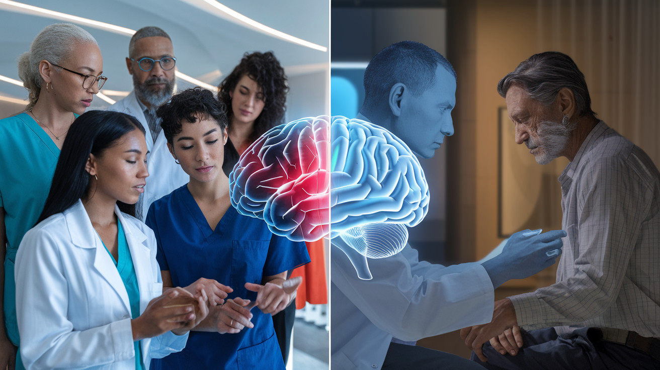 Create a realistic image of a split-screen view showing two contrasting scenes: on the left, a diverse group of healthcare professionals (including white, black, and Asian individuals of both genders) collaborating with an AI system represented by a holographic brain; on the right, a stereotypical depiction of mental health with a white male psychiatrist and a distressed patient, symbolizing outdated biases. The background should be a modern medical facility with subtle futuristic elements, conveying a sense of progress and innovation in mental health care.