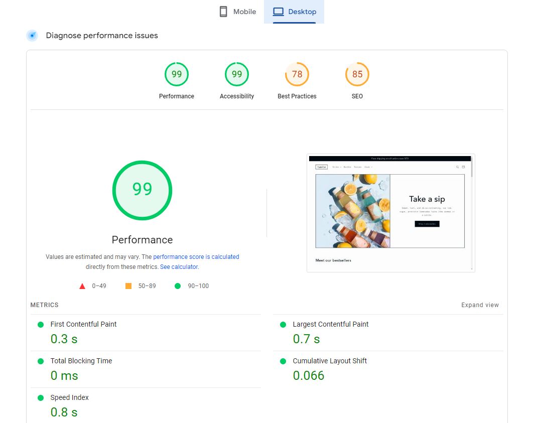 Speed ​​of Shopify Taste Theme on Desktop