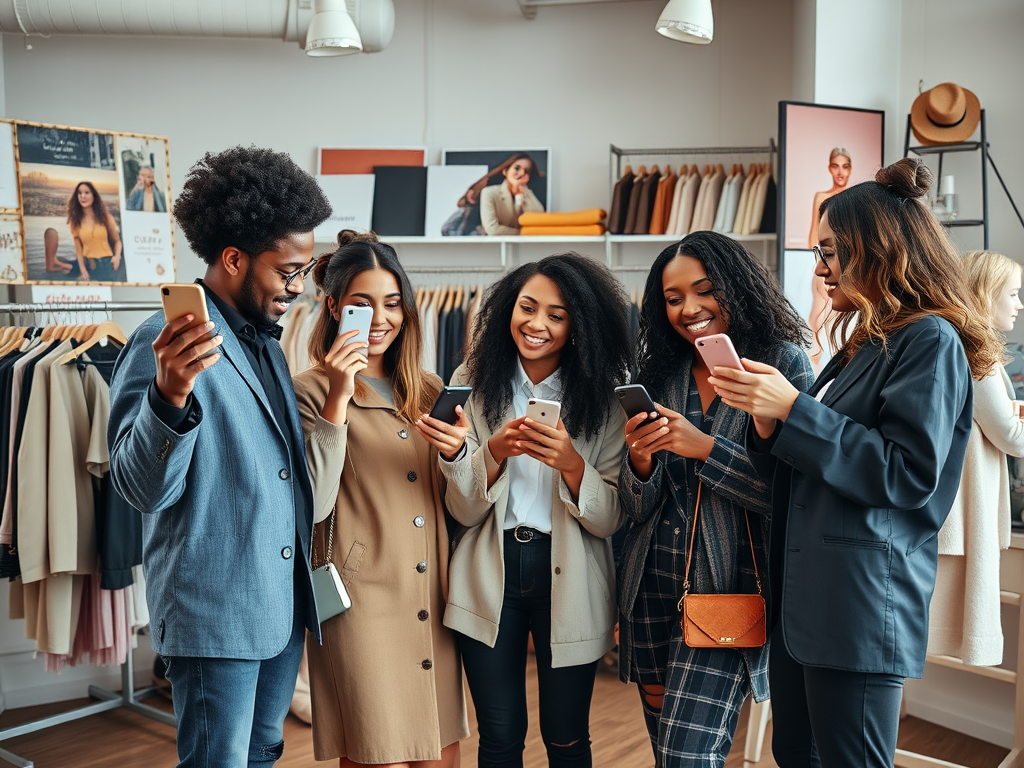 Create a realistic image of a diverse group of fashion influencers collaborating on content creation, with smartphones and cameras in hand, in a stylish studio setting filled with clothing racks and mood boards, representing the growth and success of fashion brands on social media platforms.