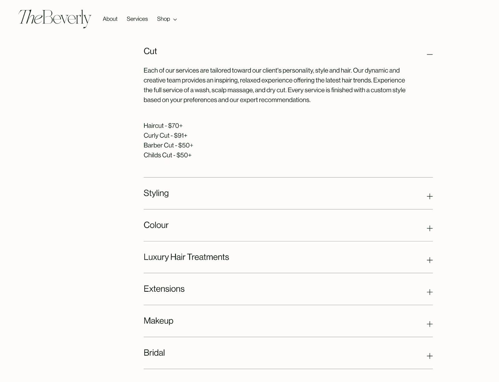A screenshot of cost breakdowns for various services at a salon.