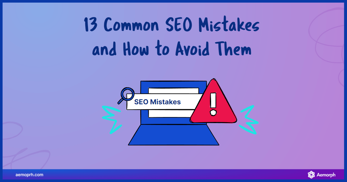 13 Common SEO Mistakes header image with icons for search and analytics