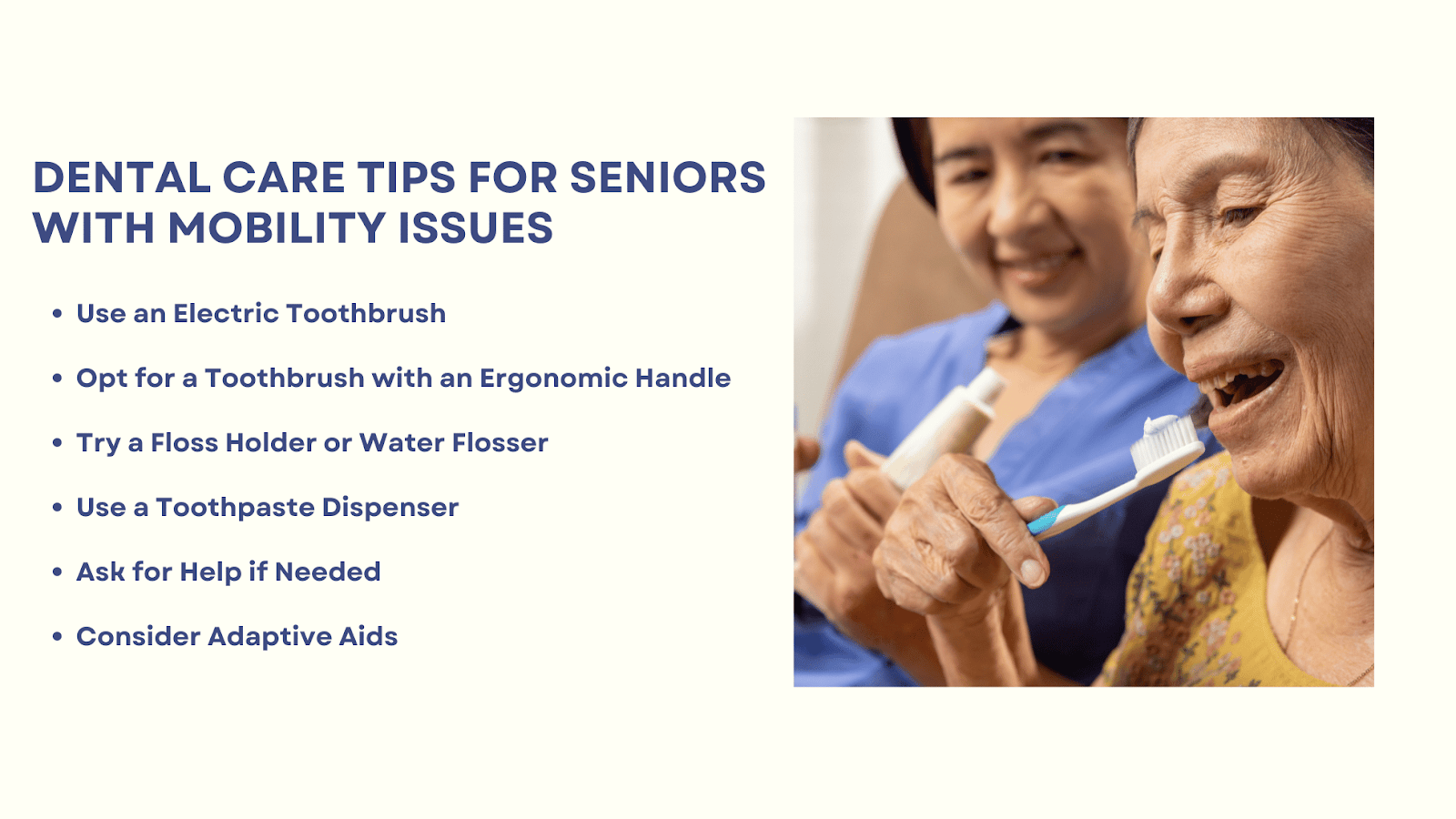 This is an infographic detailing at-home oral hygiene tips for seniors with mobility issues