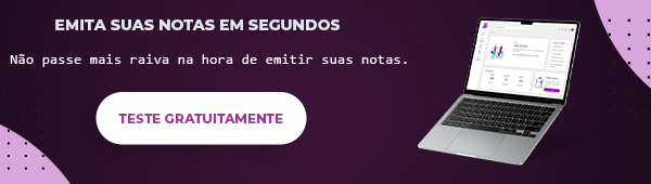 Banner promocional mostrando um laptop com a interface do Simplifique. Texto: 'Emita suas notas em segundos. Não passe mais raiva na hora de emitir suas notas. Teste gratuitamente.