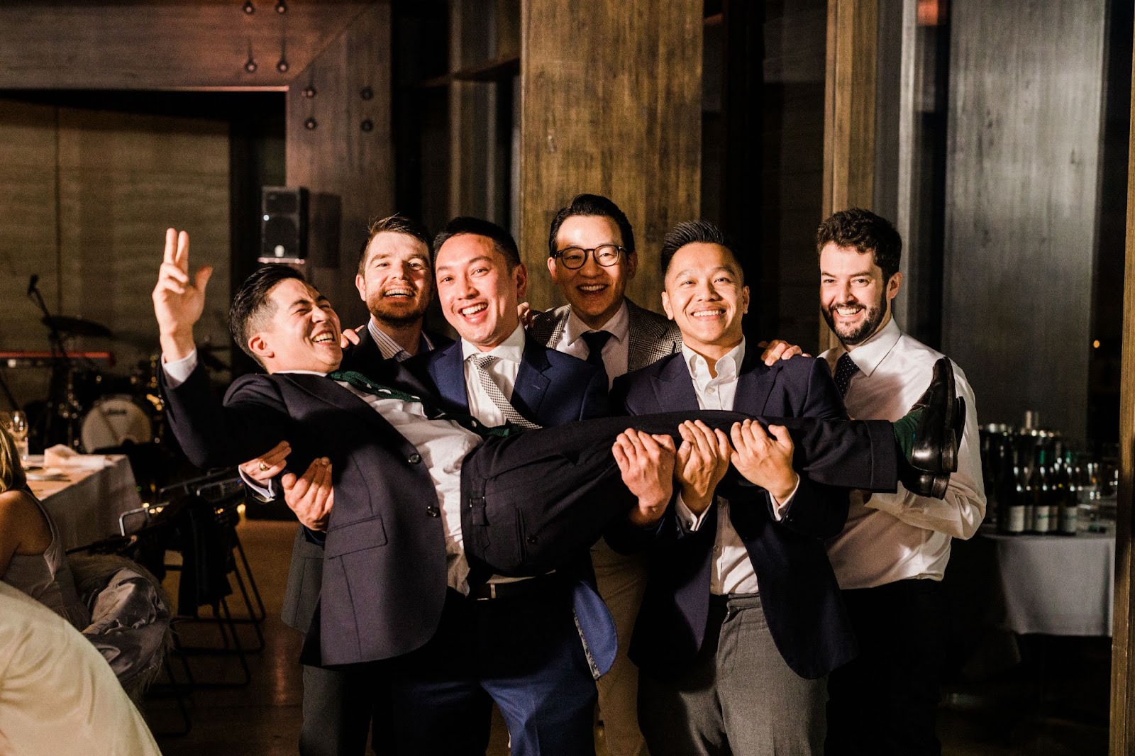 Groomsmen holding up the groom, Port Phillip Estate wedding, Australia, Lachlan Scallion, Really Good Weddings, Australia 