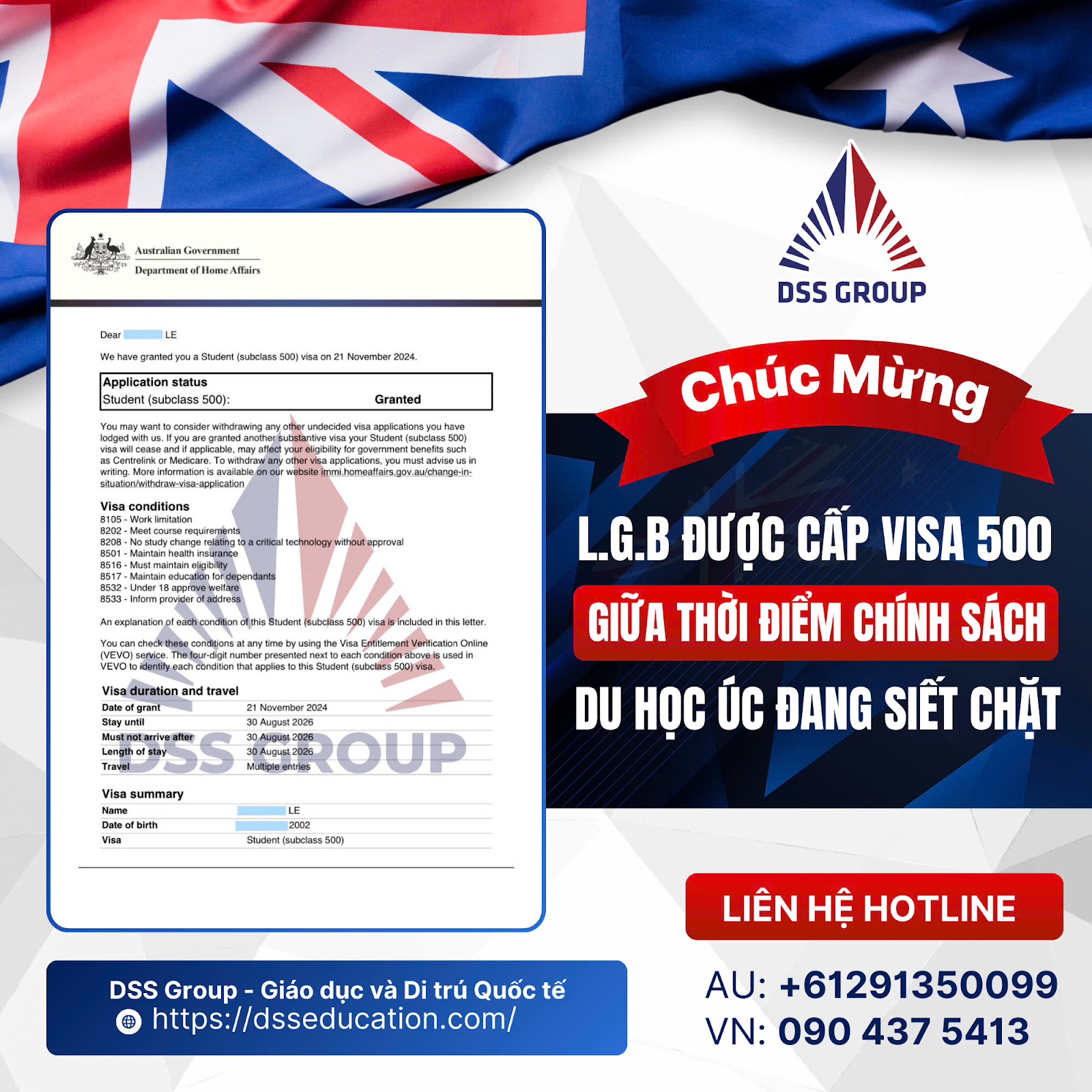 Các visa du học của khách hàng DSS Group trong năm 2024