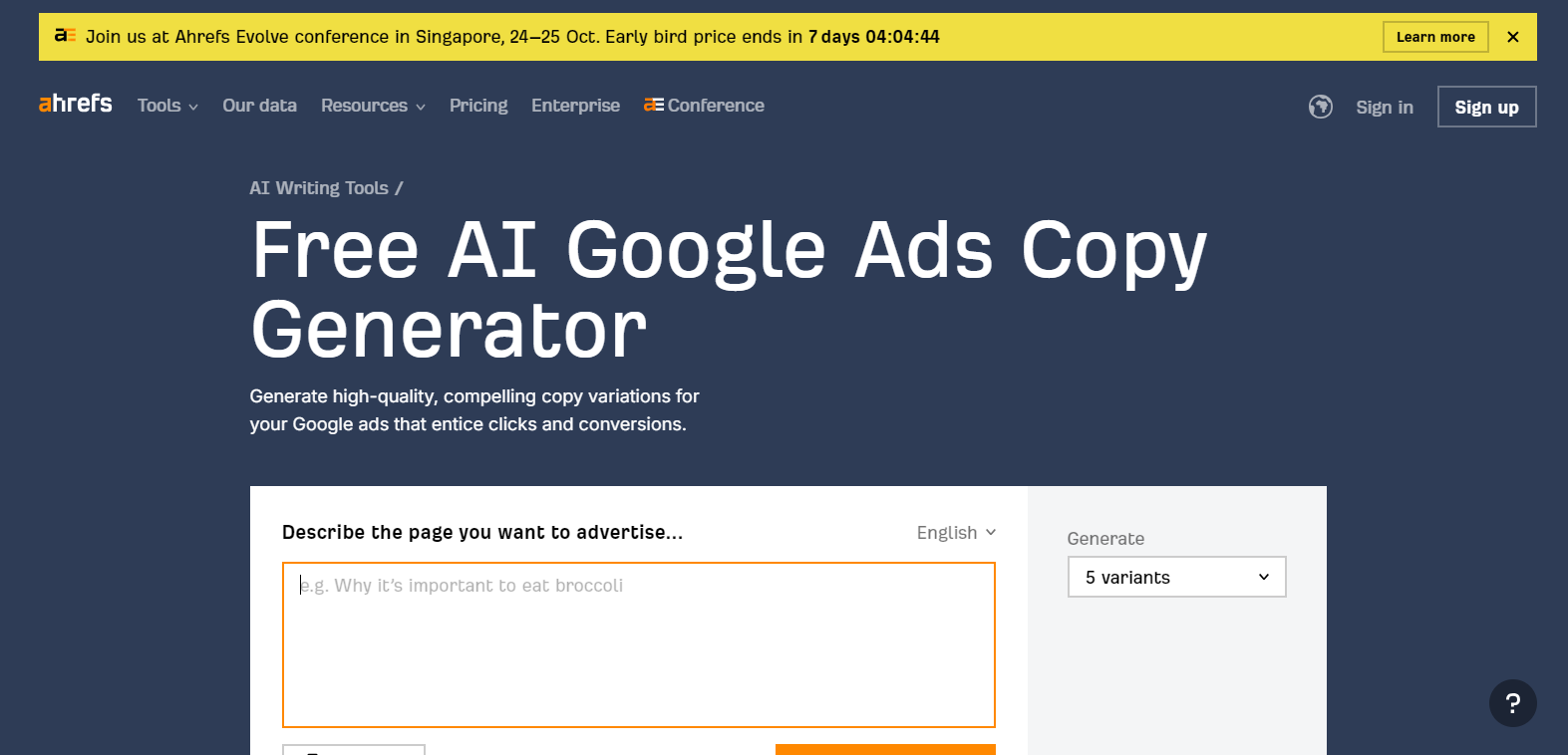 Ahrefs' Google Ads Generator