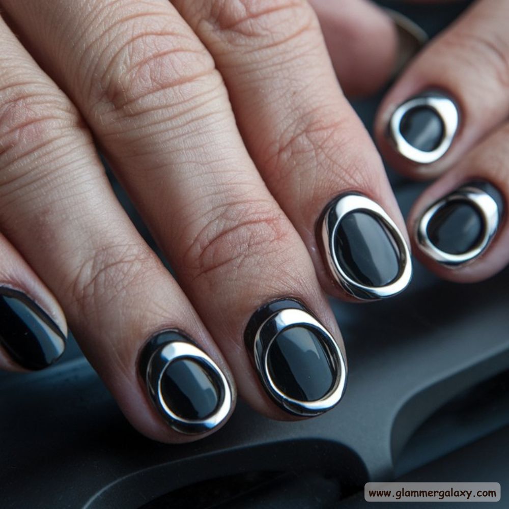 Black Fall Nails having Chrome Ring Accents
