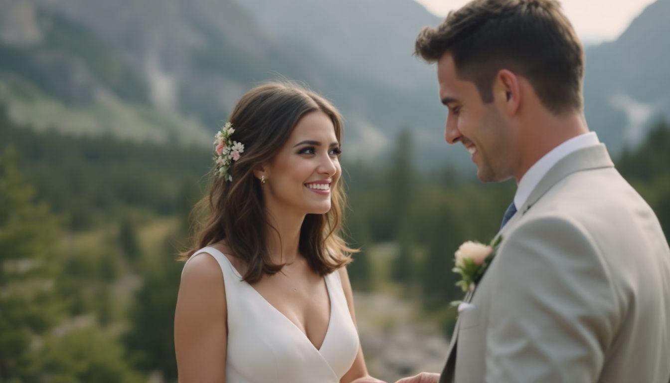 A happy couple exchanging vows in a scenic outdoor setting in the Rocky Mountains.