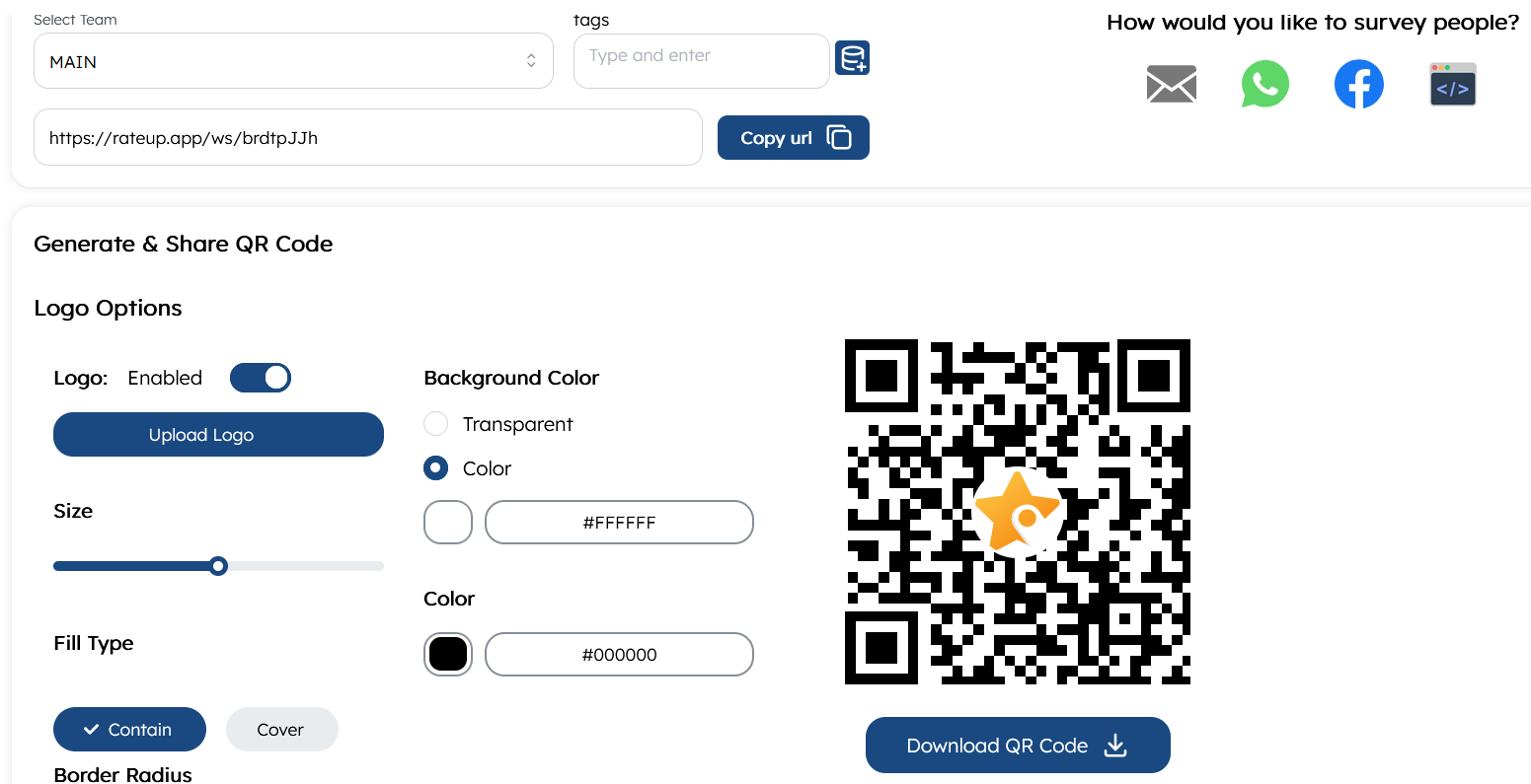 Feedback form sharing via custom URL or customizable QR code on RateUp platform