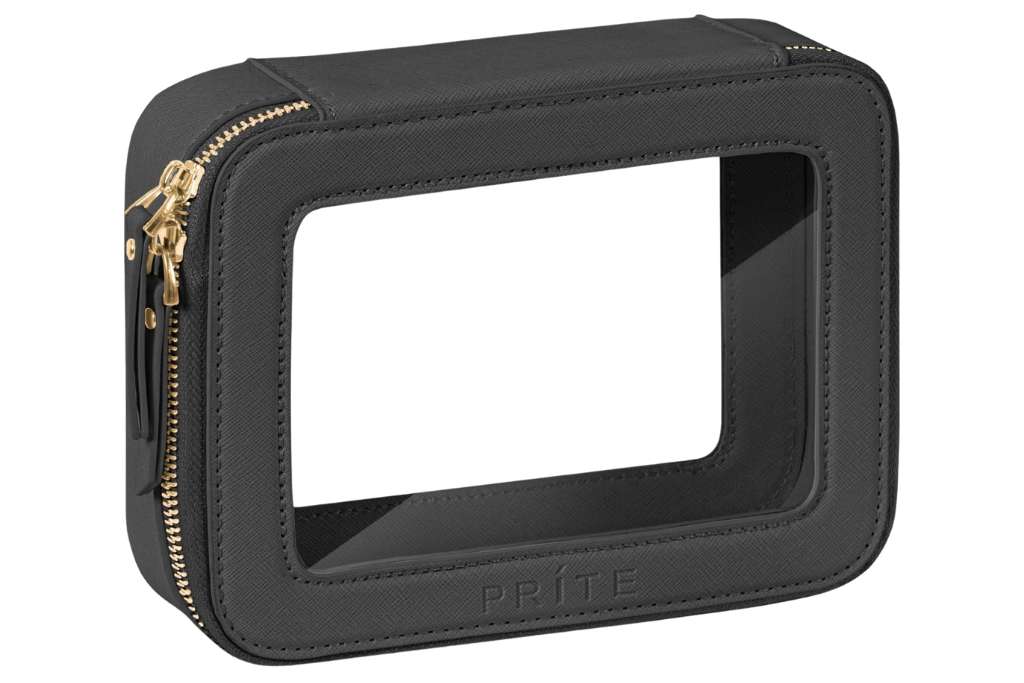 black leather case with a gold zipper and clear window