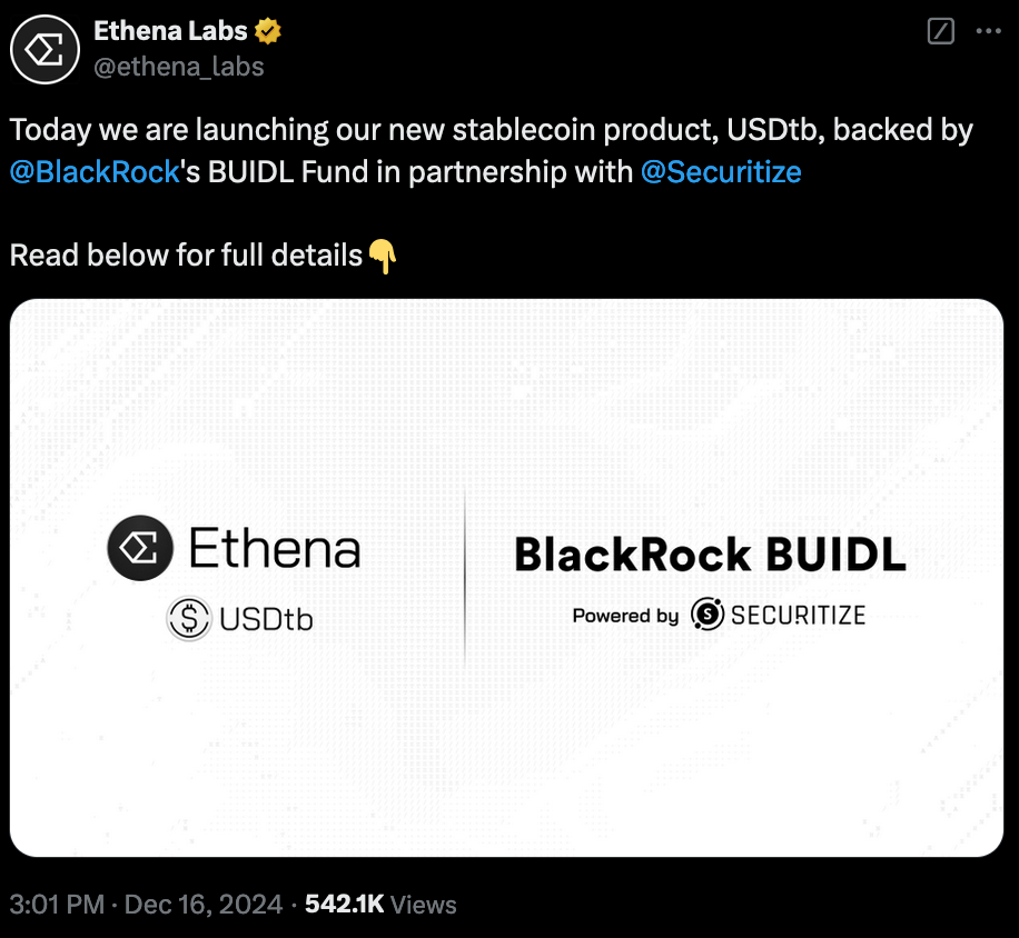 Ethena annonce le lancement de l'USDtb avec BlackRock