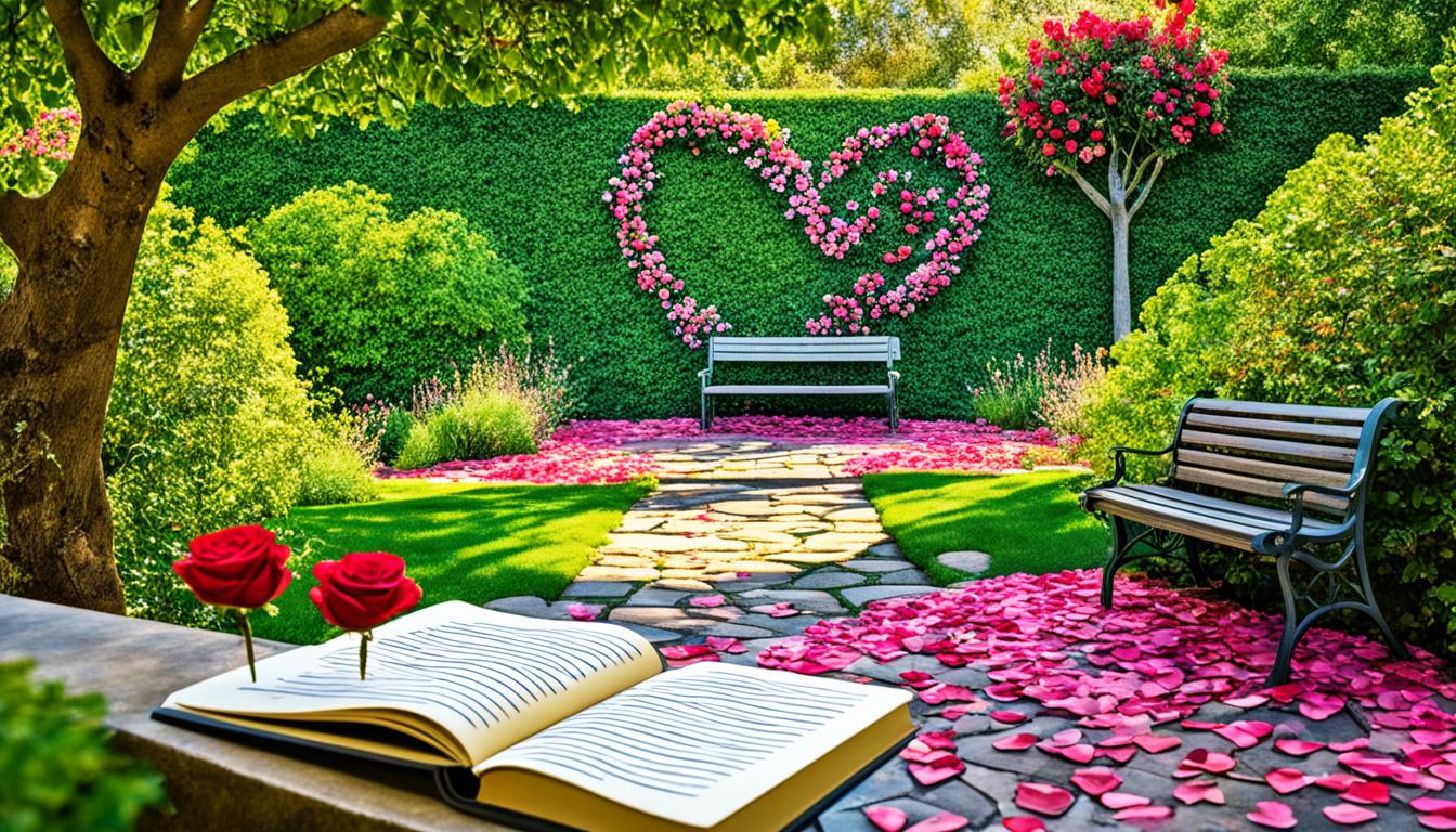 A beautiful garden filled with blooming flowers and lush greenery, with a heart-shaped stone pathway leading towards a bench. On the bench sits a notebook with words of affirmation written on each page, surrounded by scattered rose petals. In the distance, a couple can be seen embracing each other under a tree, basking in the warmth of their love.