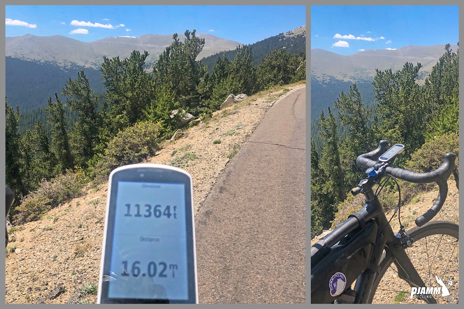 Cycling Mt. Evans, Colorado - views of Garmin reading 11,364 feet, bike parked along mountainside, PJAMM Cycling logo in corner