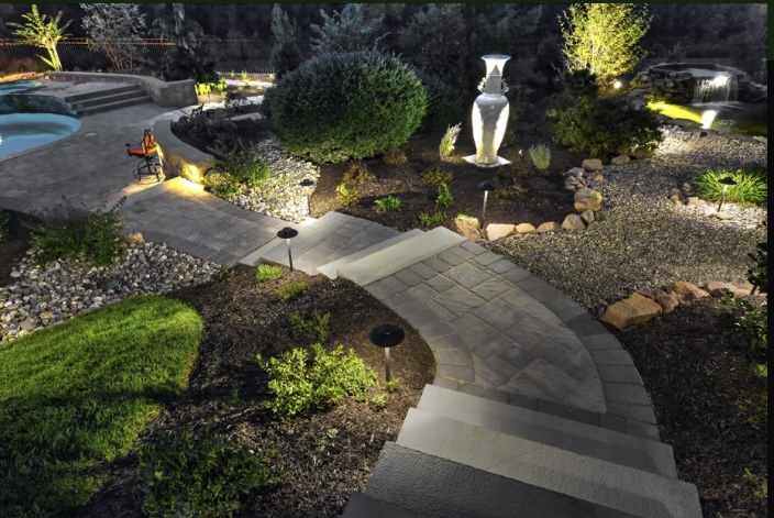 A landscape designer has included outdoor lighting in this backyard oasis