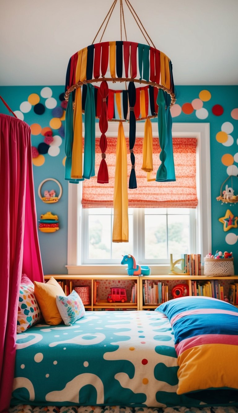 A hanging canopy above a cozy kids' bedroom with vibrant colors and playful decor