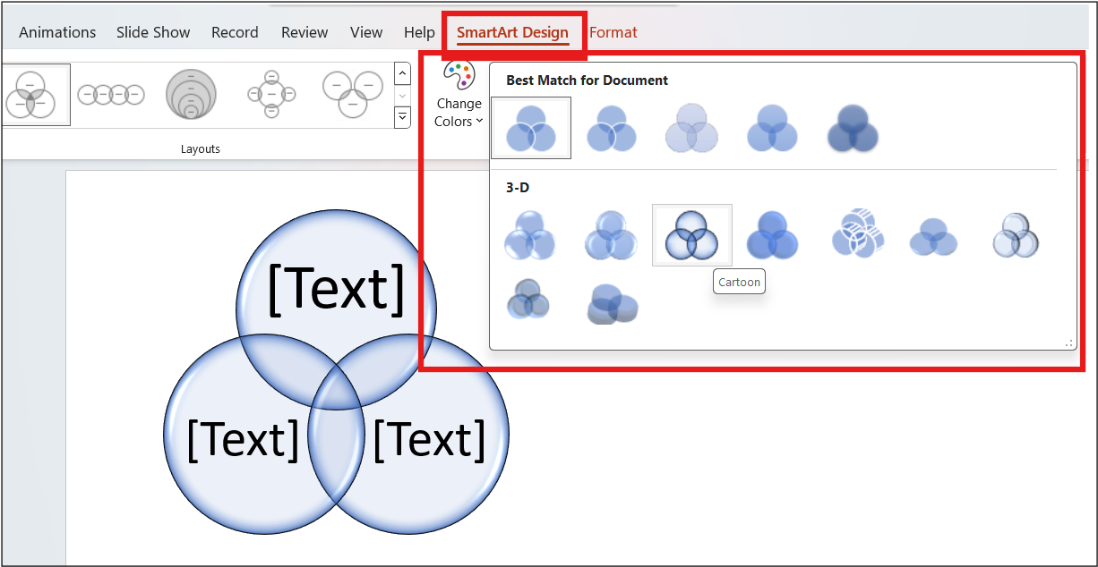 PowerPoint showing SmartArt Design tab with a Venn diagram selected with Best Match for Document, Layouts & 3-D option.