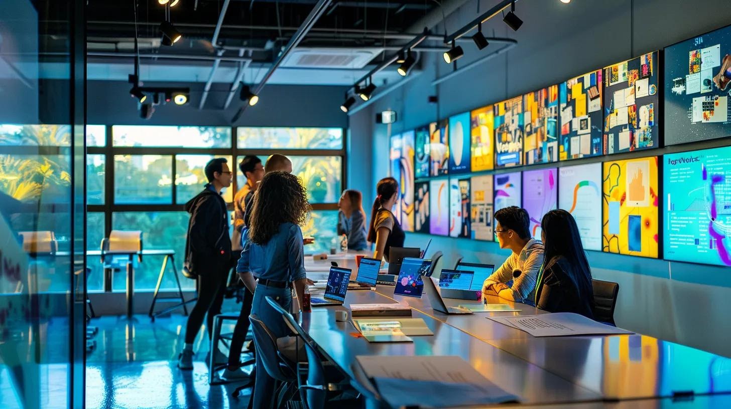 a dynamic urban office space showcases a diverse team in a strategic branding workshop, surrounded by vibrant mood boards and digital displays that illustrate the interconnectedness of branding and marketing, all under bright, focused lighting.