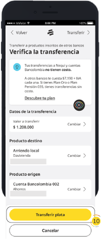 Pantalla de ejemplo de la nueva app Mi Bancolombia con el paso de verificar una transferencia a productos inscritos