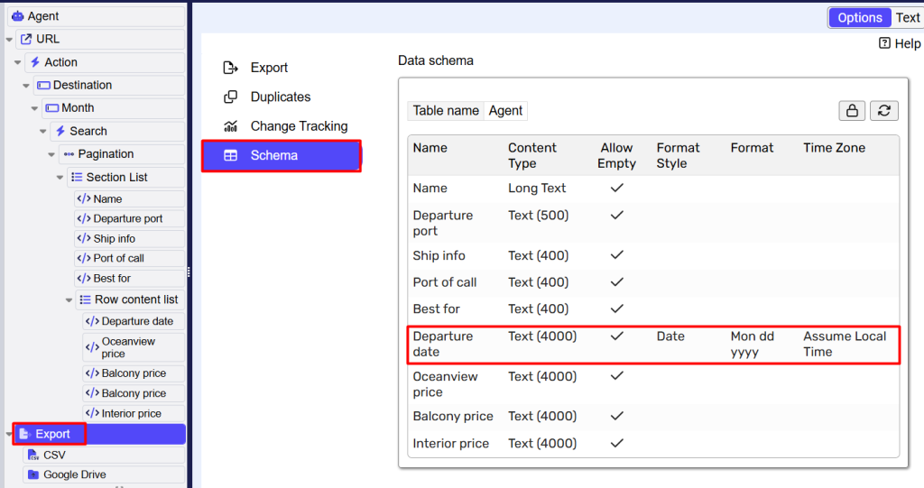 export schema validation