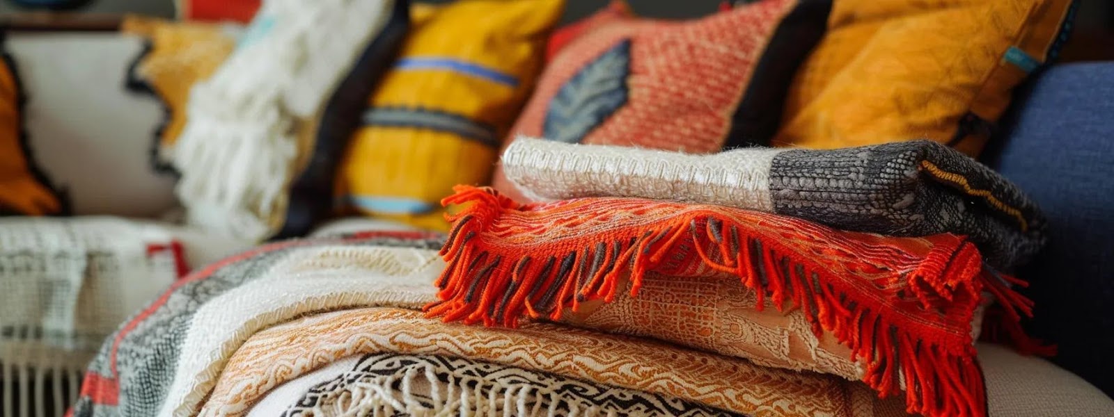 a cozy, inviting living room showcases a vibrant collection of handwoven cotton throw blankets artfully draped over a plush sofa, surrounded by modern decor that emphasizes texture and warmth.