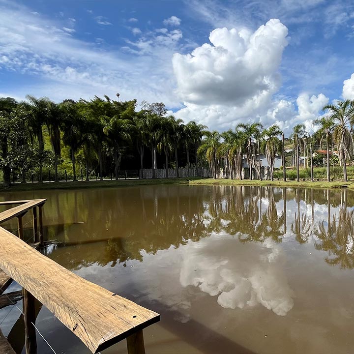 Paisagem natural com lago espelhado, árvores e céu com nuvens, em um dia ensolarado