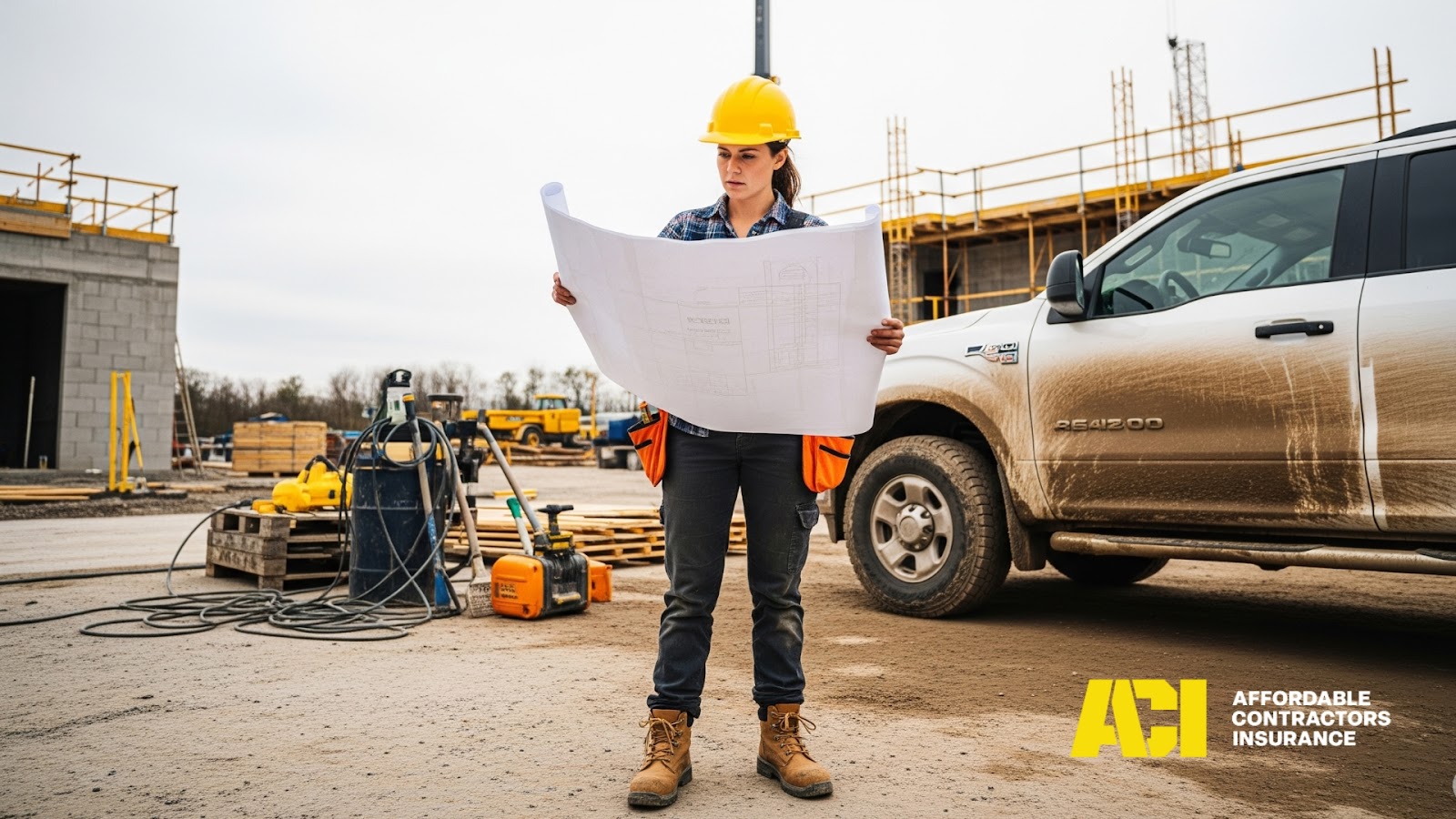 Contractor in hard hat reviewing jobsite plans – illustrating coverage in action