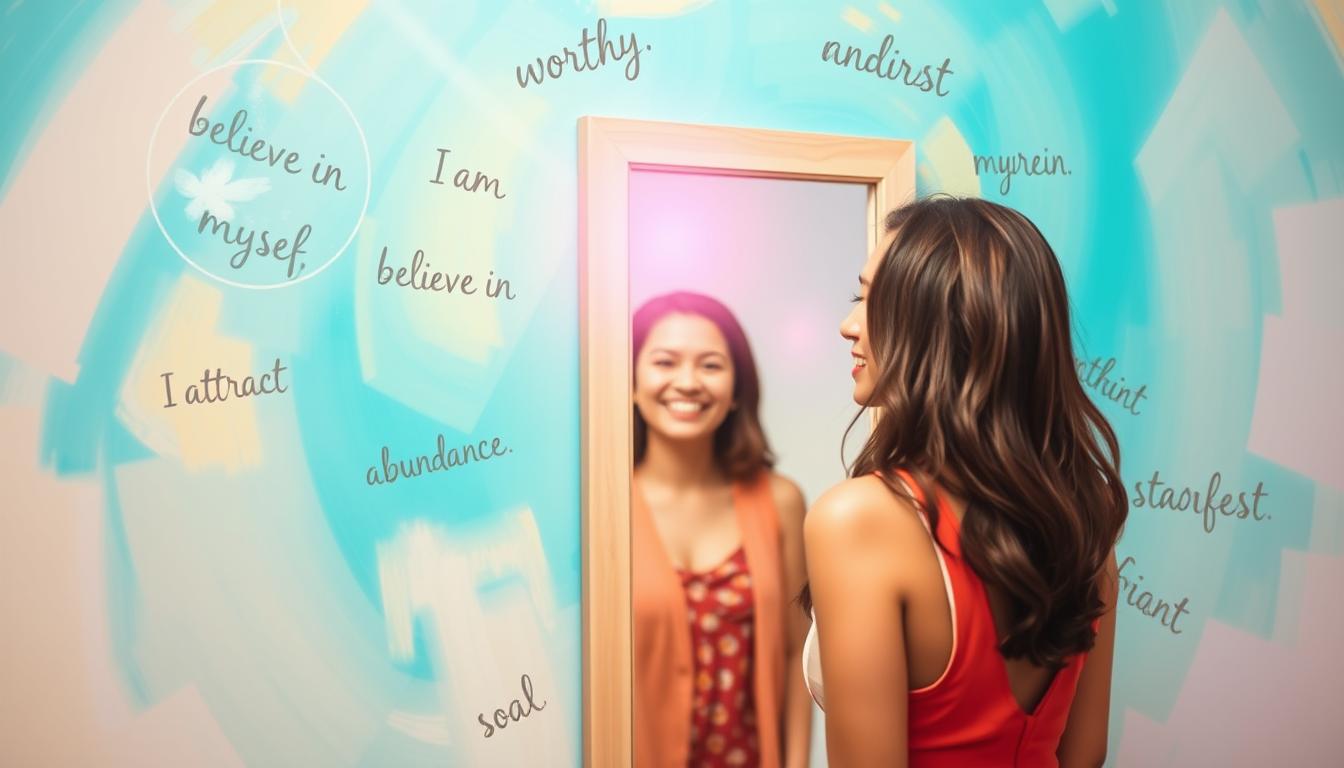 A person standing in front of a mirror, smiling at their reflection with confidence and positivity radiating from within. The mirror reflects their inner beauty and strength, symbolizing the power of positive self-talk and the ability to manifest one's desires. Surrounding the mirror are uplifting words and phrases such as "I am worthy," "I believe in myself," and "I attract abundance." The color palette is bright and cheerful, representing the joy and positivity that comes with manifesting correctly.