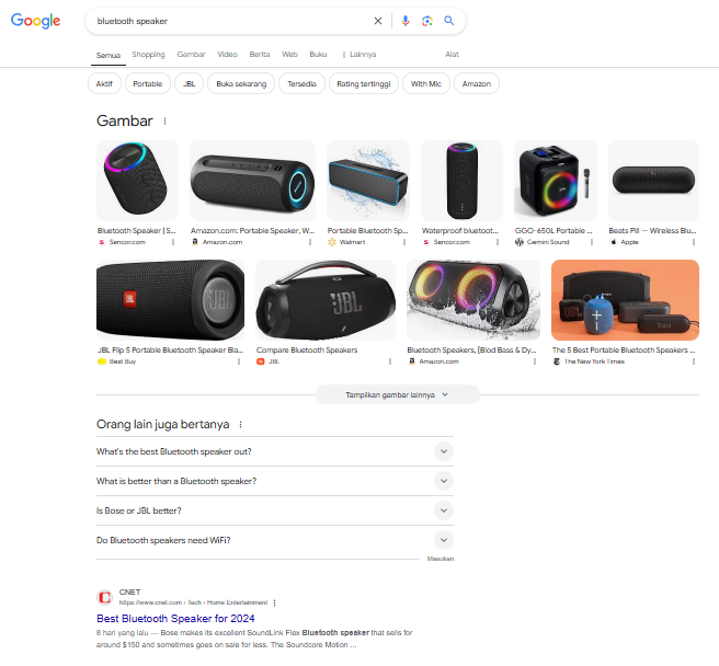 Google displays the Image Pack and People Also Ask features for a singular keyword “Bluetooth speaker”.