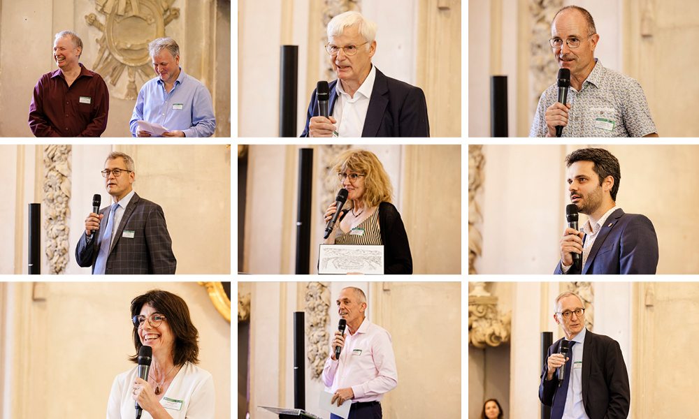 Photo collage of EMBL Grenoble stakeholders, giving speech in honor of its anniversary.
