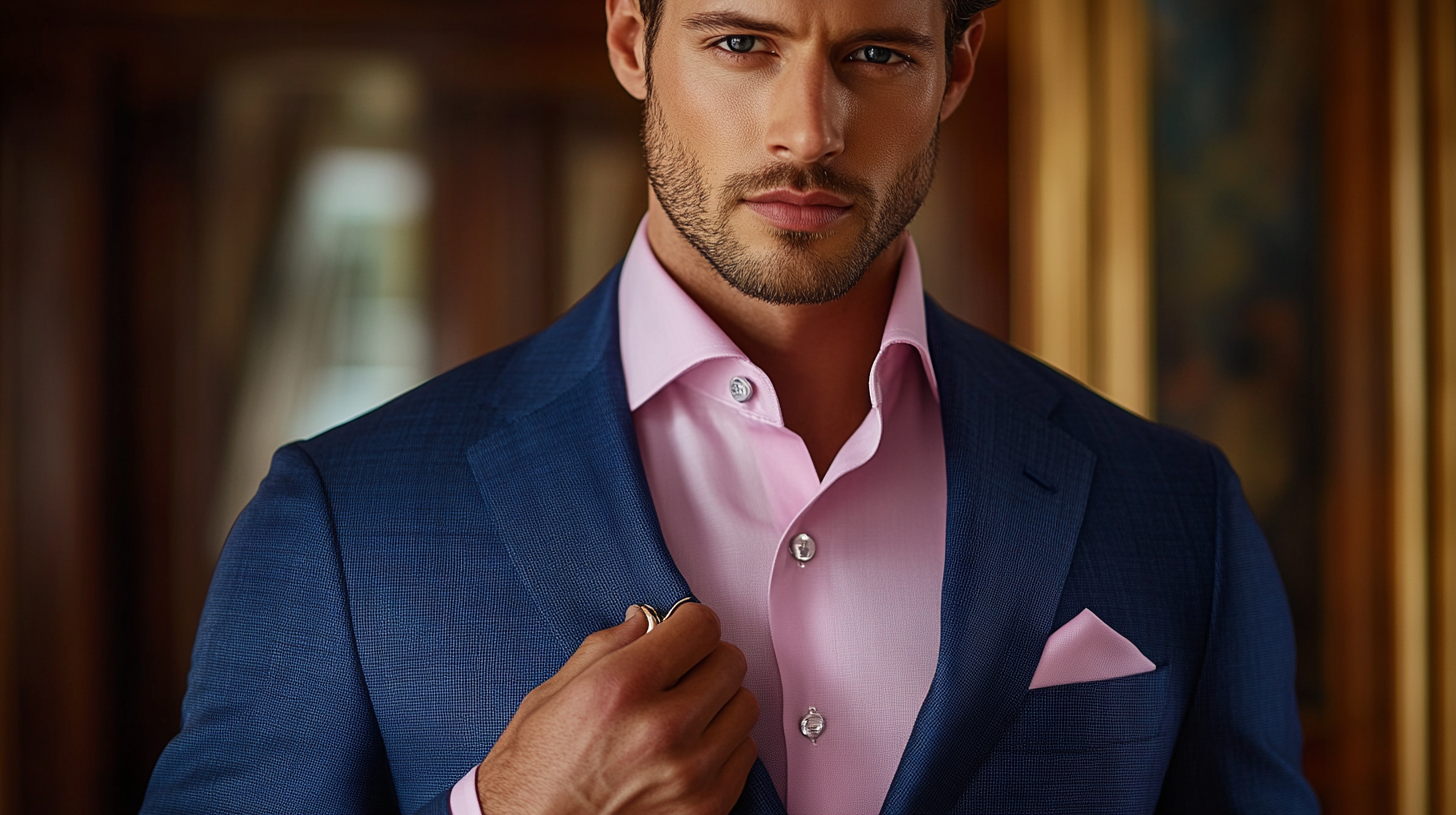 
A well-dressed man wearing a tailored navy blue suit paired with a light pink dress shirt, exuding a soft yet sophisticated style. The pastel pink shirt adds a modern and elegant touch, perfectly complementing the deep navy fabric. The suit features a sleek slim fit, structured shoulders, and sharp lapels. The man adjusts his tie or cufflinks, showcasing the refined details of his wedding-ready outfit. The background is softly blurred, suggesting a luxurious wedding venue with warm ambient lighting. Photorealistic, ultra-HD, cinematic lighting