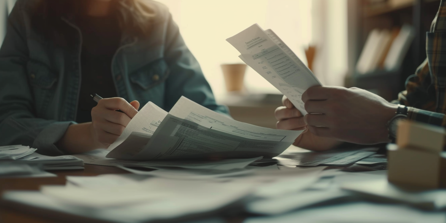 A couple sitting at a table with paperwork | Source: Midjourney