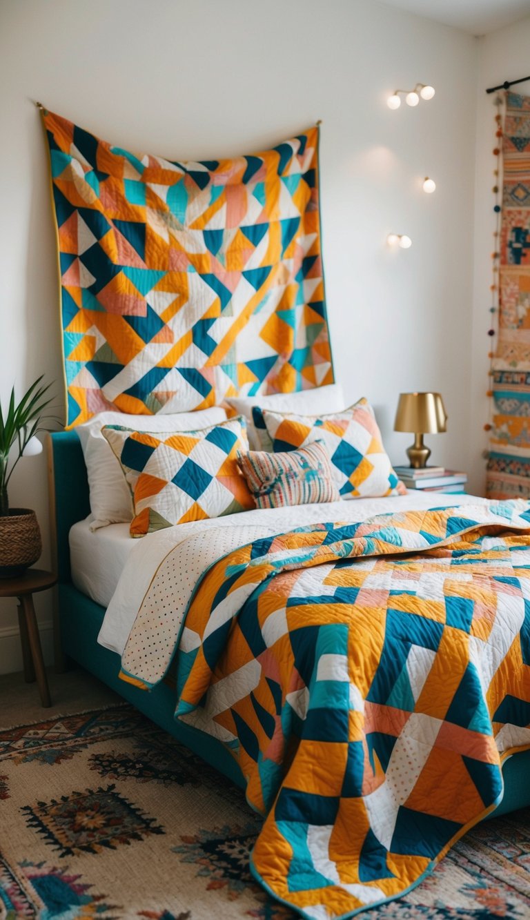 A colorful geometric patterned quilt draped over a bed in an eclectic boho bedroom