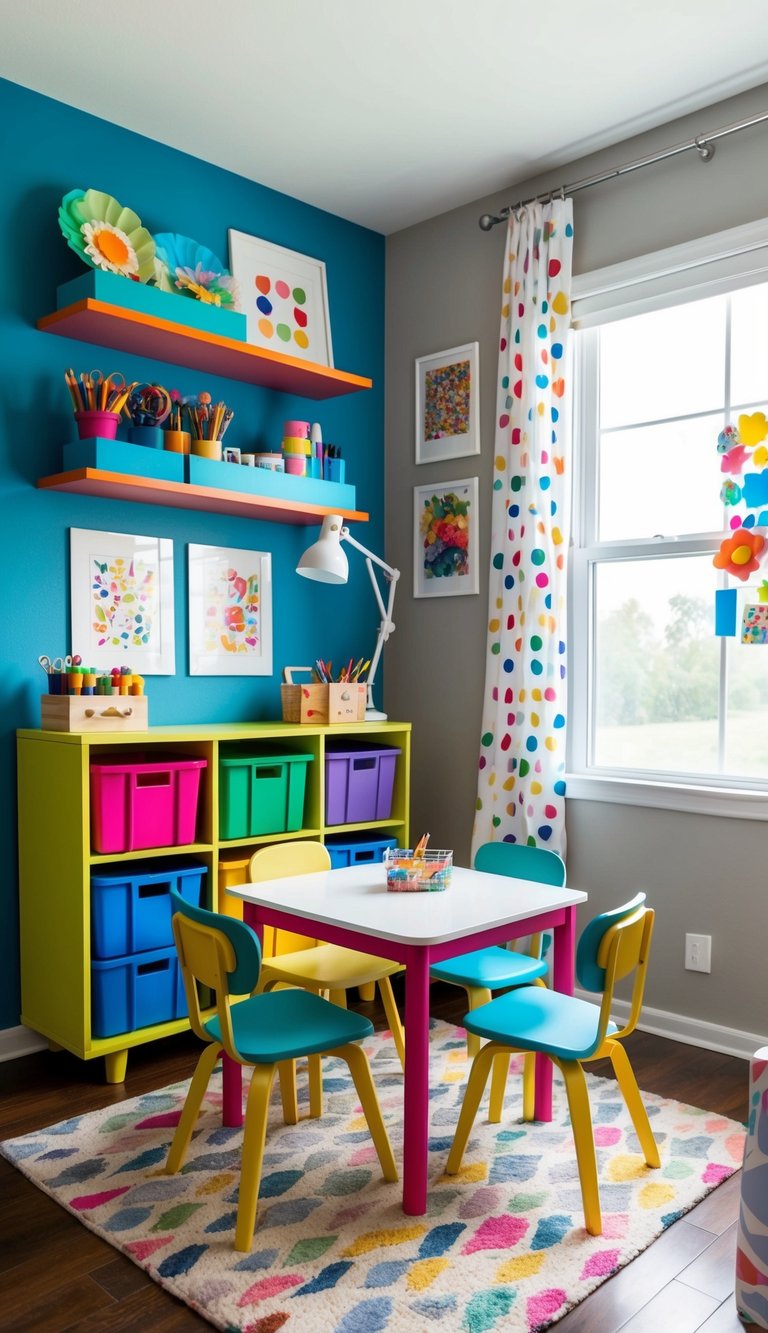 A colorful DIY craft corner in a kids' bedroom with shelves of art supplies, a table with chairs, and artwork displayed on the walls