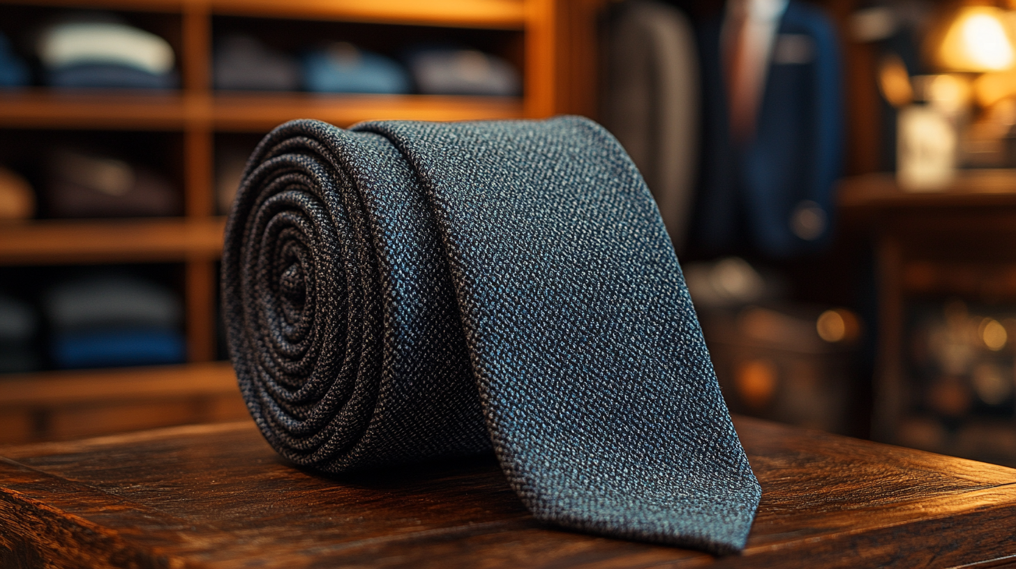 Full view of a grey tie, neatly folded, grey color, smooth texture, with a wardrobe full of suits and ties on a shelf in the background, stylish and organized look