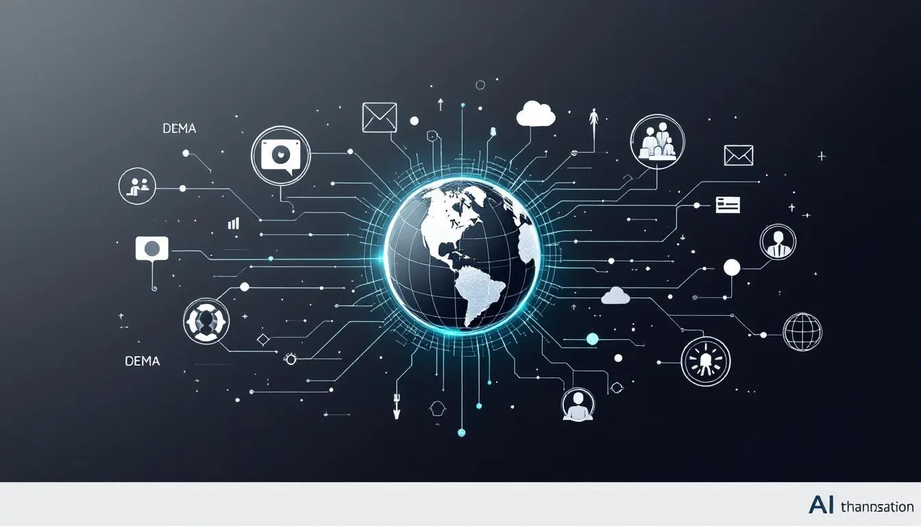 An illustration depicting AI translation tools driving international growth in multiple languages.