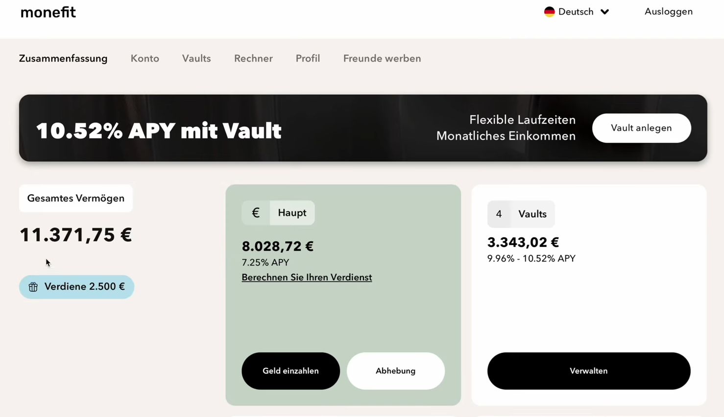Mein Dashboard bei Monefit zeigt deutlich mehr Inhalte. Kein Wunder, hier stehen auch unterschiedliche Produkte zur Verfügung!