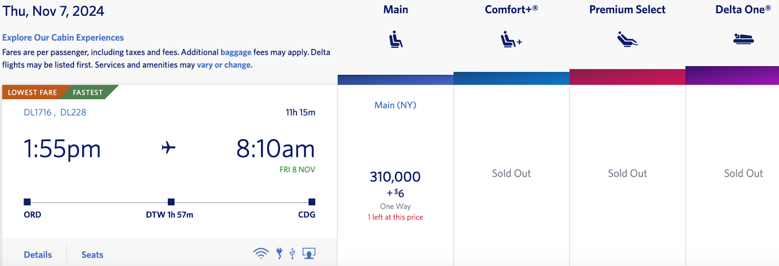 Screenshot of Chicago to Paris flight option