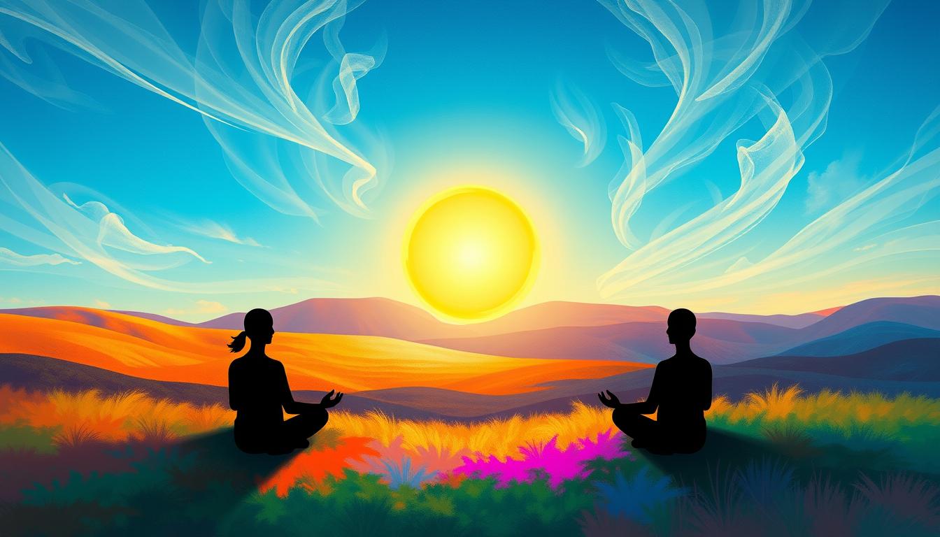 A serene landscape with a glowing orb of light, symbolizing clarity and intention, surrounded by vibrant colors of nature, soft wisps of clouds flowing through a bright blue sky, and silhouettes of abstract figures meditating in harmony with the energy around them.