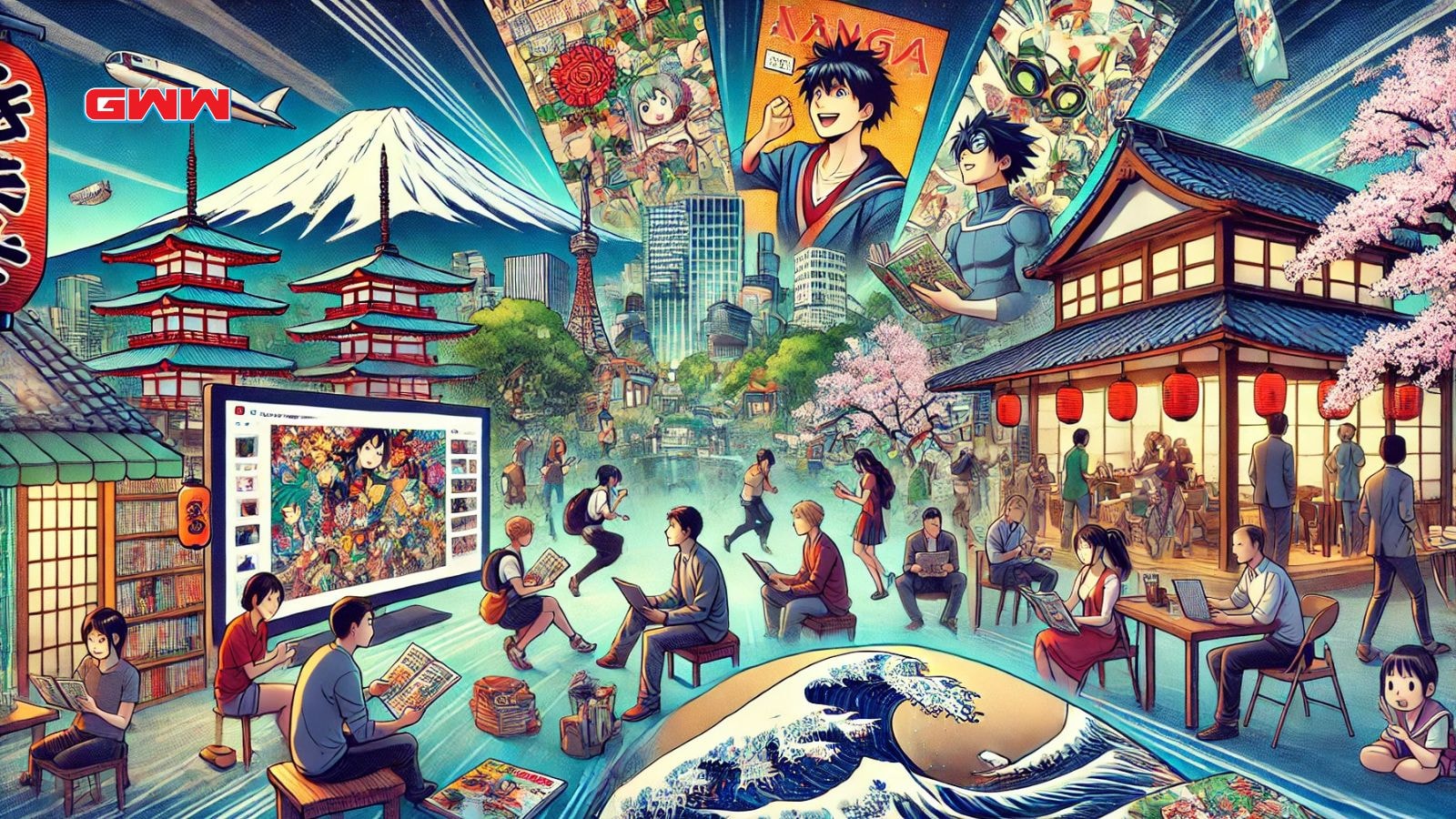 Scenic manga village with people enjoying comics and digital screens