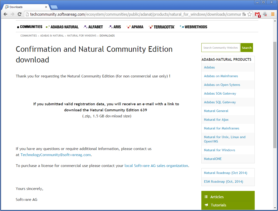 Página de confirmação do download Natural