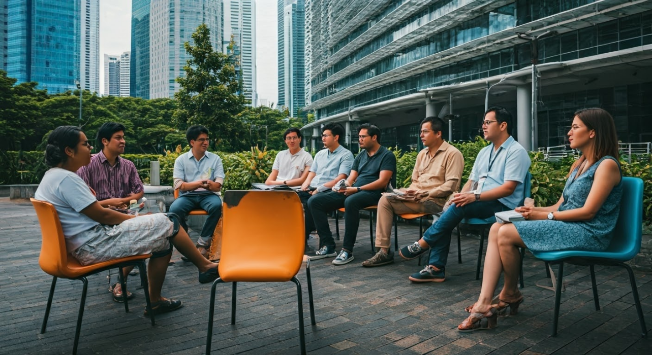 Diverse group at outdoor panel discussion