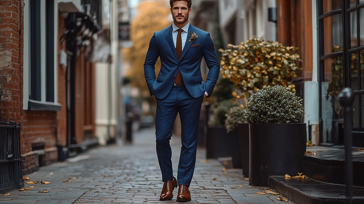 
A stylish man wearing a tailored navy blue wedding suit, paired with polished brown leather shoes, perfect for a daytime wedding. The rich brown tones complement the deep navy fabric, adding a relaxed yet refined touch. The shoes feature fine craftsmanship, with elegant stitching and a sleek silhouette. The man stands confidently, adjusting his suit jacket or checking his cufflinks, showcasing a well-balanced and sophisticated look. The softly blurred background suggests a bright, elegant wedding venue with natural light. Photorealistic, ultra-HD, cinematic lighting.