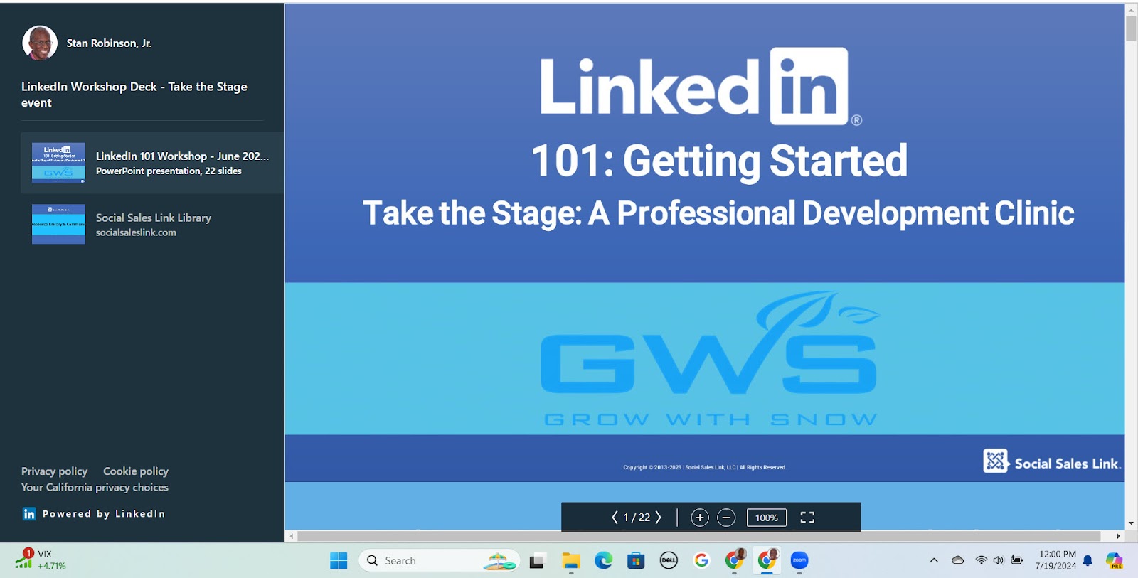 LinkedIn Smart Links presentation deck titled 'LinkedIn 101: Getting Started' by Stan Robinson Jr. from Social Sales Link. The slide shows a professional development clinic event with an emphasis on leveraging LinkedIn for professional growth.