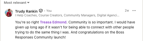 An example of Trudy Rankin posting a comment on a colleague's LinkedIn post