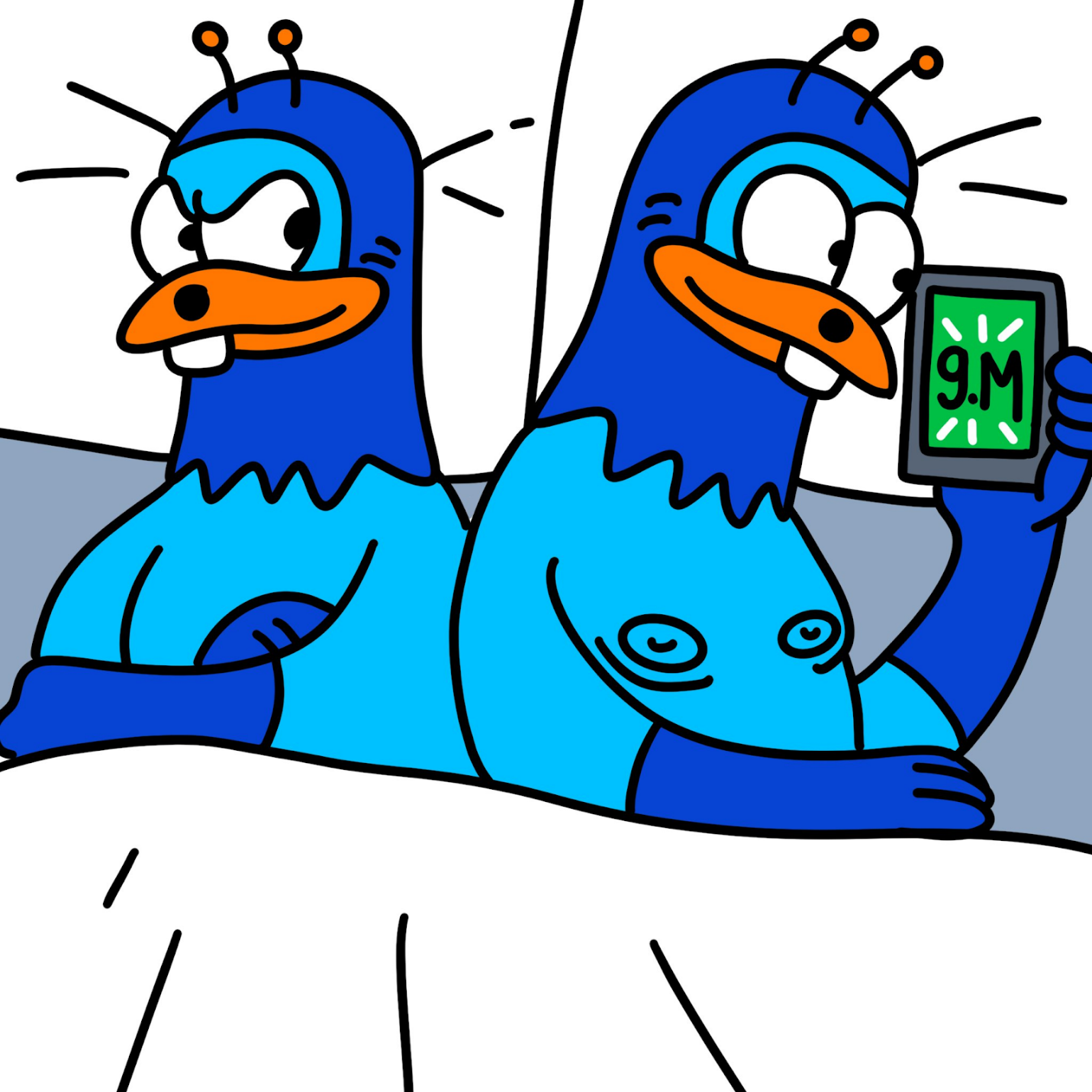 Cartoon birds in blue clothing holding a phone

Description automatically generated