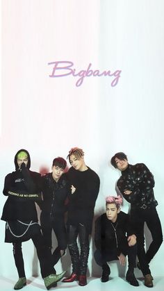 This contains an image of bigbang group members standing next to each other in front of a white wall with the word big bang on it