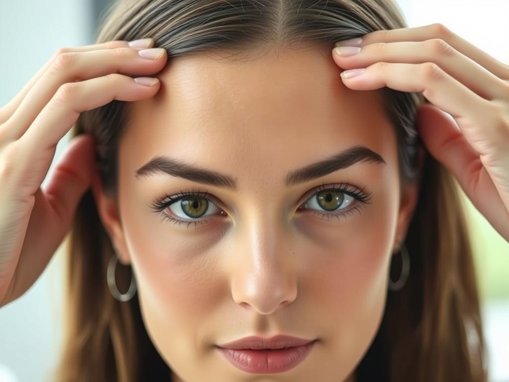 Woman demonstrating Lift Your Eyebrows facial yoga exercise for glowing skin