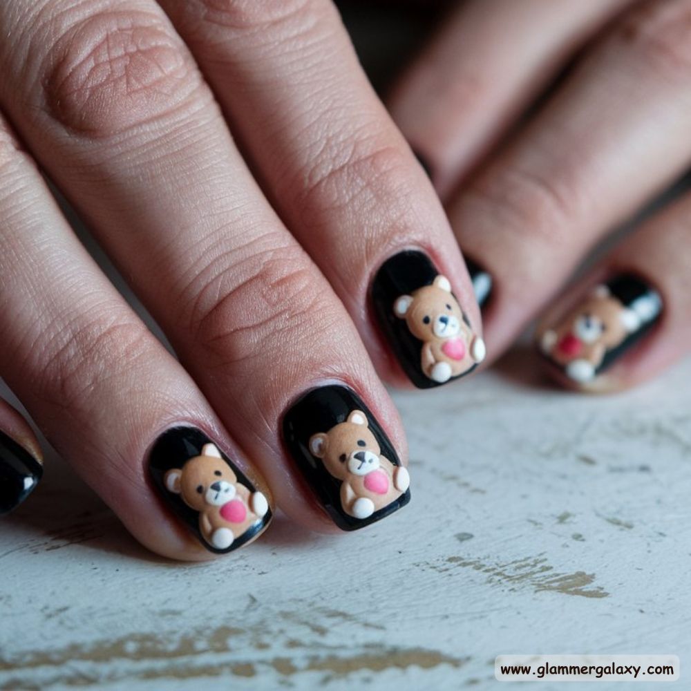 Black Fall Nails having Cute Little Teddies
